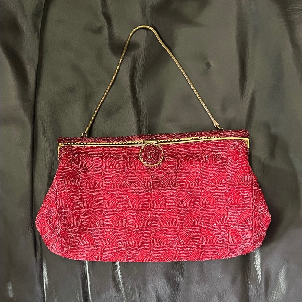 Chic Red Beaded Women's Clutch Vintage from France beaded